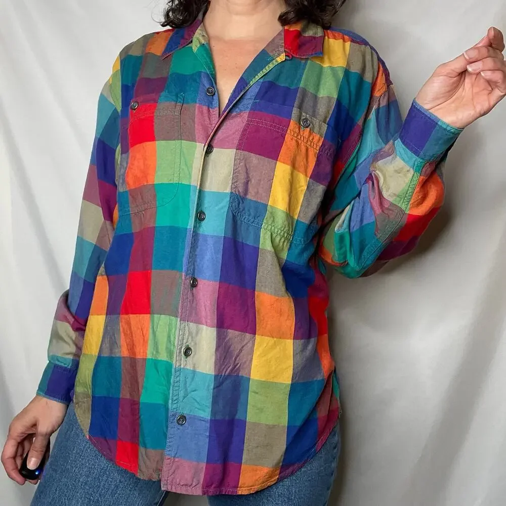 SOLD Vintage lizwear rainbow plaid checkered shirt long sleeve button-down M - Picture 10 of 17
